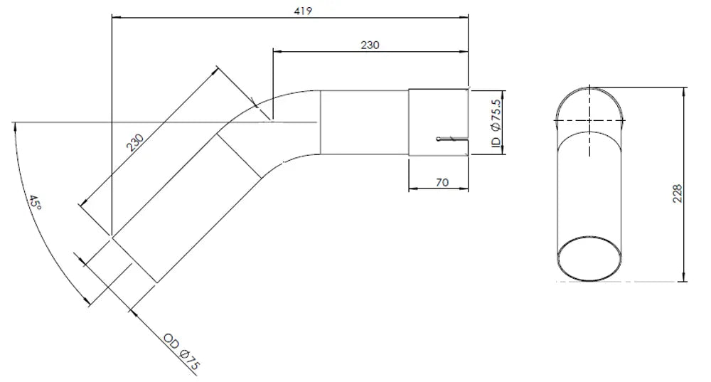 45ø Curva di scarico, OD/ID=75.5/75 L=230, ALU - 92074