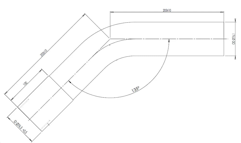 45ø Curva di scarico, OD/ID=76.1/76.7 L=205, ALU - 92076