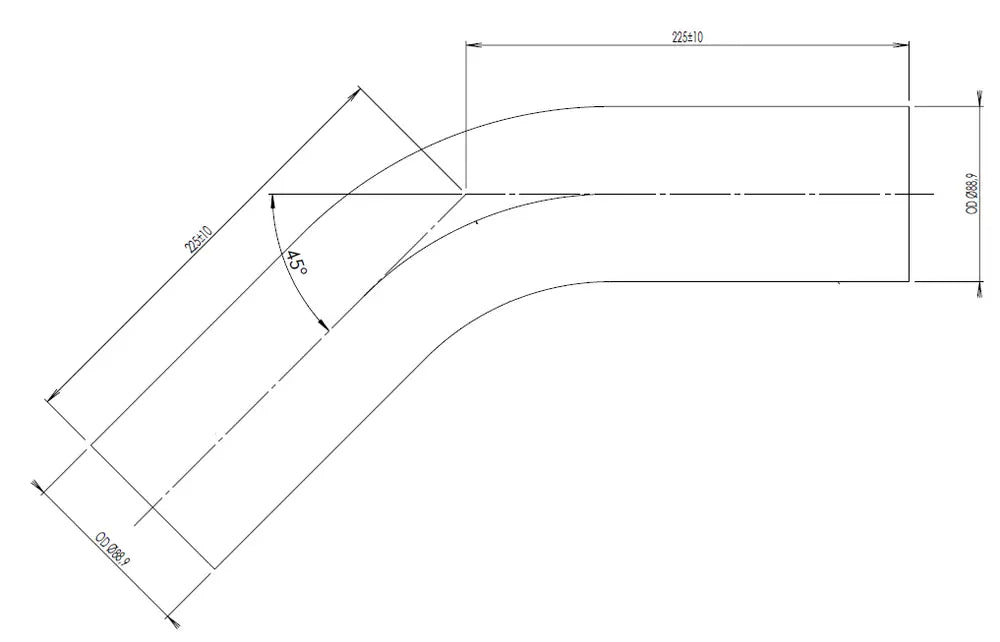 45ø Curva di scarico, OD=88.9 / L=225, ALU - 92088