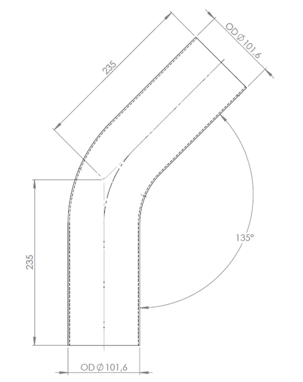 45ø Curva di scarico, OD=101.6 / L=235, ALU - 92104