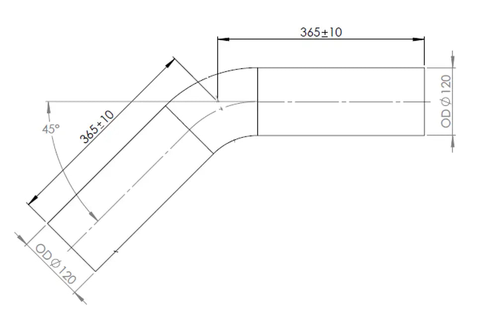 45ø Curva di scarico, OD=120 / L=365, ALU - 92120
