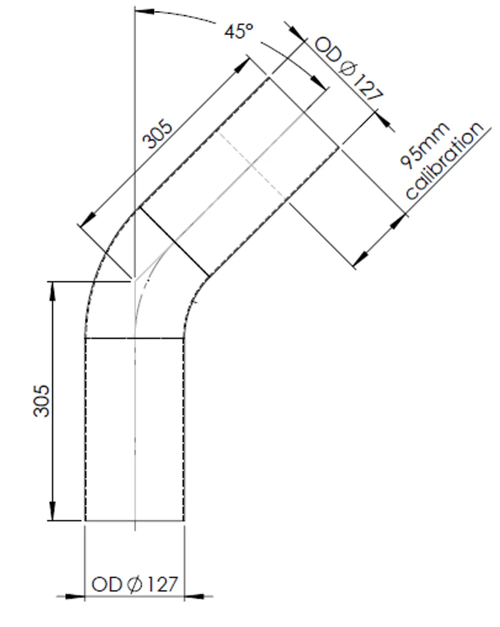 45ø Curva di scarico, OD=127 / L=305, ALU - 92129