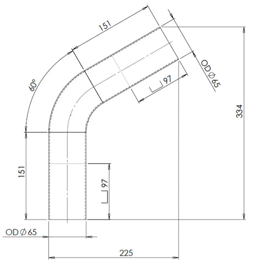 60ø Curva di scarico, OD=65 / L=205, ALU - 92465