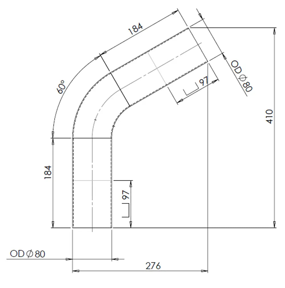 60ø Curva di scarico, OD=80 / L=250, ALU - 92480