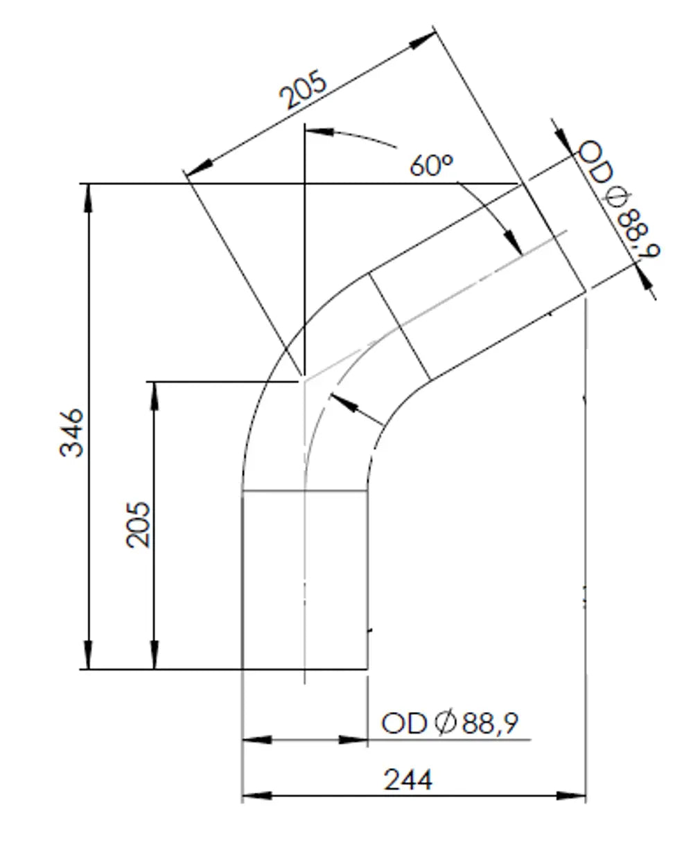 60ø Curva di scarico, OD=88.9 / L=205, ALU - 92489