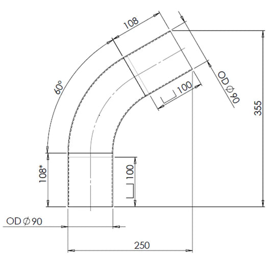 60ø Curva di scarico, OD=90 / L=210, ALU - 92490
