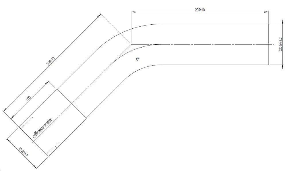 45ø Curva di scarico, OD/ID=76.1/76.7 L=205, SS - 92576