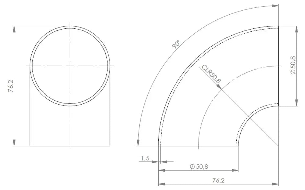 90ø Gomito saldato/Parete sottile OD=50.8 / T=1.5, SPD - 96046
