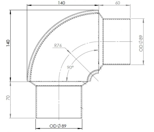 90ø Gomito di scarico, OD=88.9 / L=180, SPD - 96088