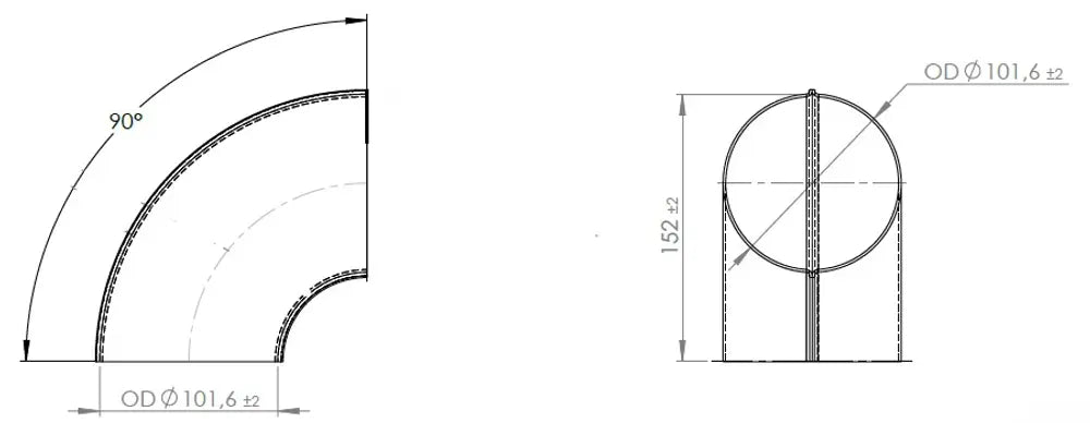 90ø Gomito saldato/Parete sottile OD=101.6 / T=1.5, SPD - 96100