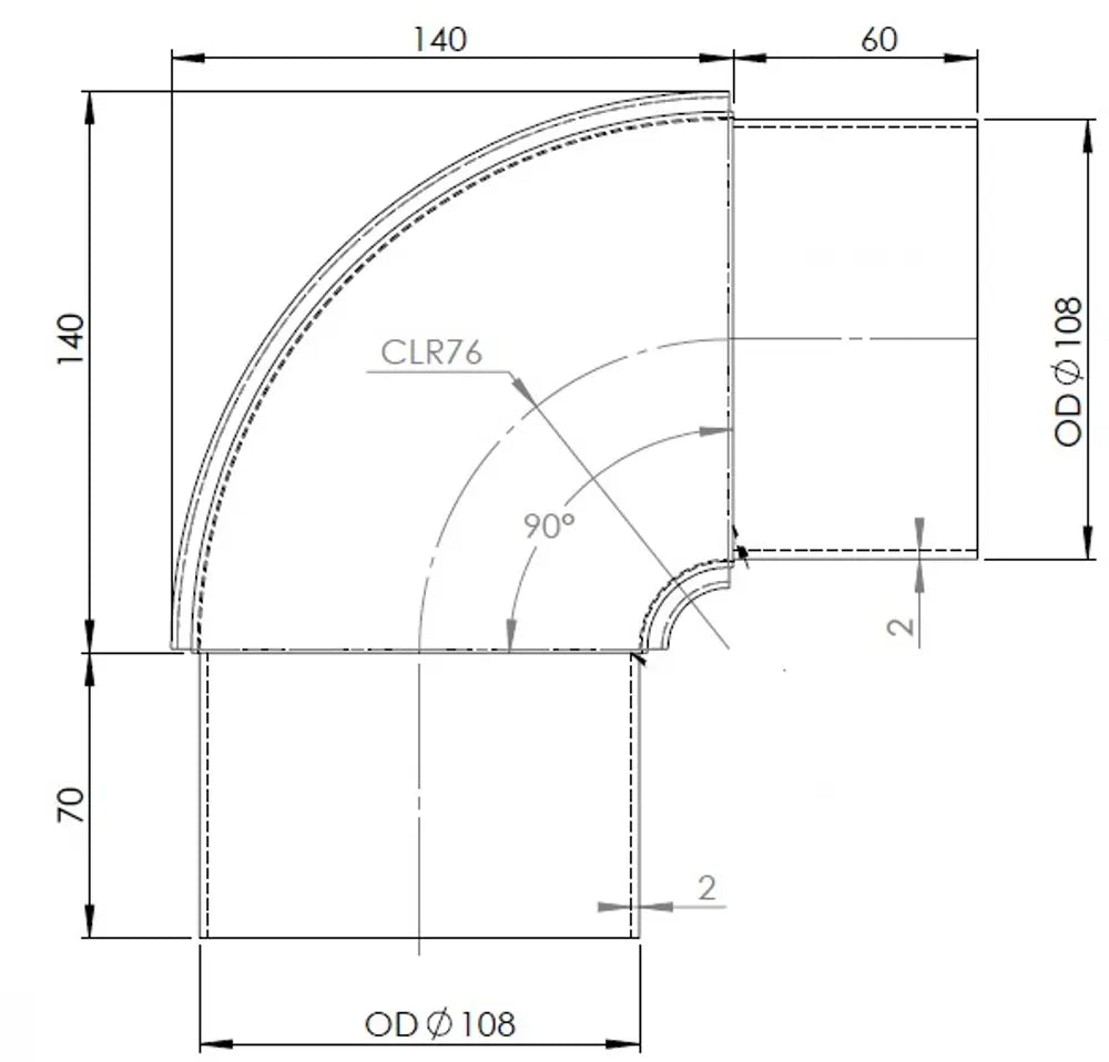 90ø Gomito di scarico, OD=108 / L=190, SPD - 96107