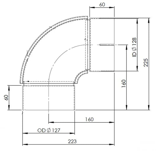 90ø Gomito di scarico, OD/ID=127/128 / L=225/223, SPD - 96127