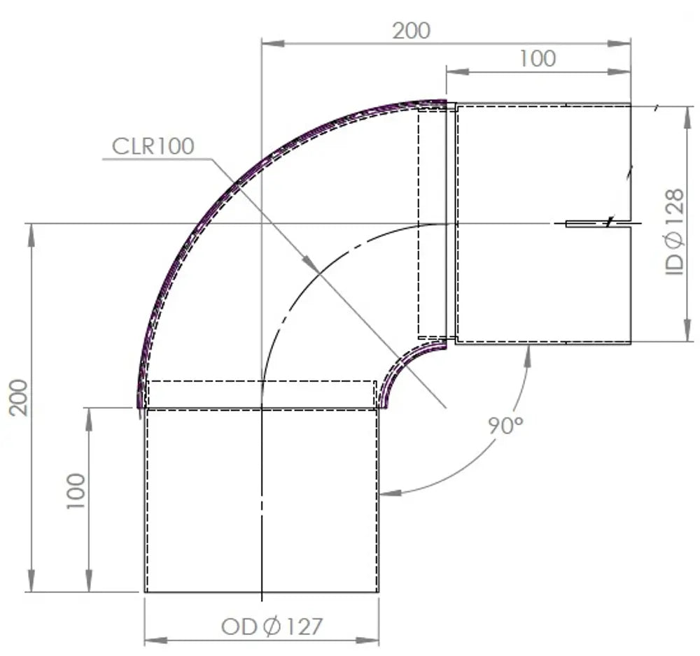 90ø Gomito di scarico, OD/ID=127/127 / L=264, INOX - 96427