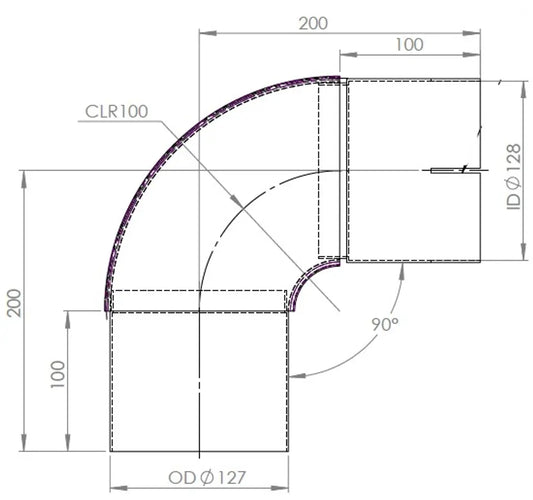 90ø Gomito di scarico, OD/ID=127/127 / L=264, INOX - 96427