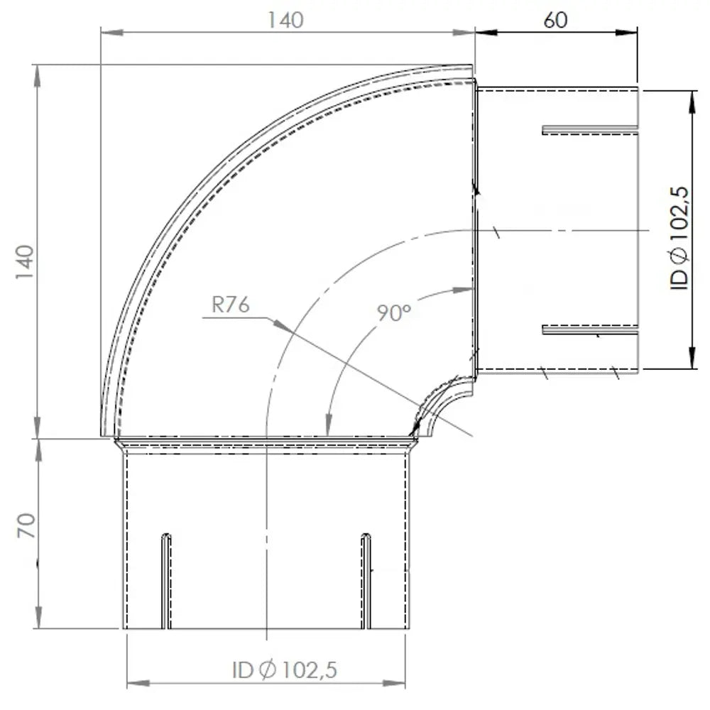 90ø Gomito di scarico, ID=102.5 / L=200/210, SPD - 97102
