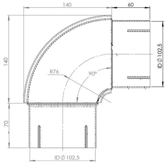 90ø Gomito di scarico, ID=102.5 / L=200/210, SPD - 97102