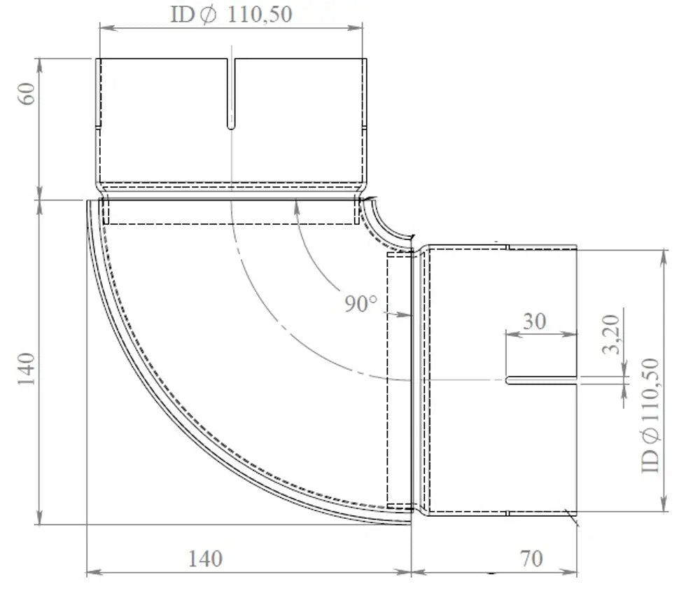 90ø Gomito di scarico, ID=110.5 / L=200/210, SPD - 97110