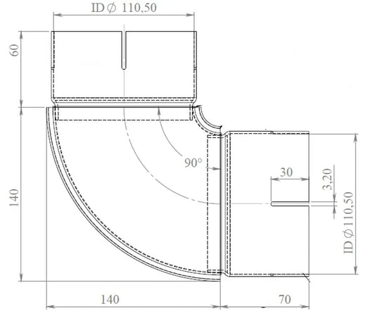 90ø Gomito di scarico, ID=110.5 / L=200/210, SPD - 97110